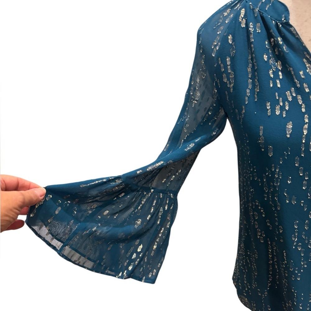Lilly Pulitzer Matilda Silk Chiffon Blouse Teal Blue Top w/Silver Accents Sz: XS - Picture 6 of 16